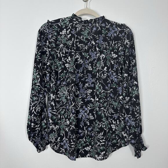 Loft Womens XS Dark Floral V-neck Long Sleeve Career Workwear Blouse Semi Sheer - Picture 5 of 5